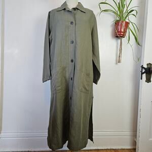 Linen‎ Long Trench Jacket M Olive Green Button Front Lagenlook